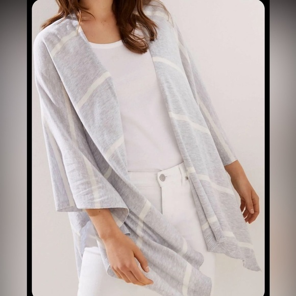 Ann Taylor LOFT Drapey Striped Travel Wrap Top Light Grey Melange - Picture 1 of 8